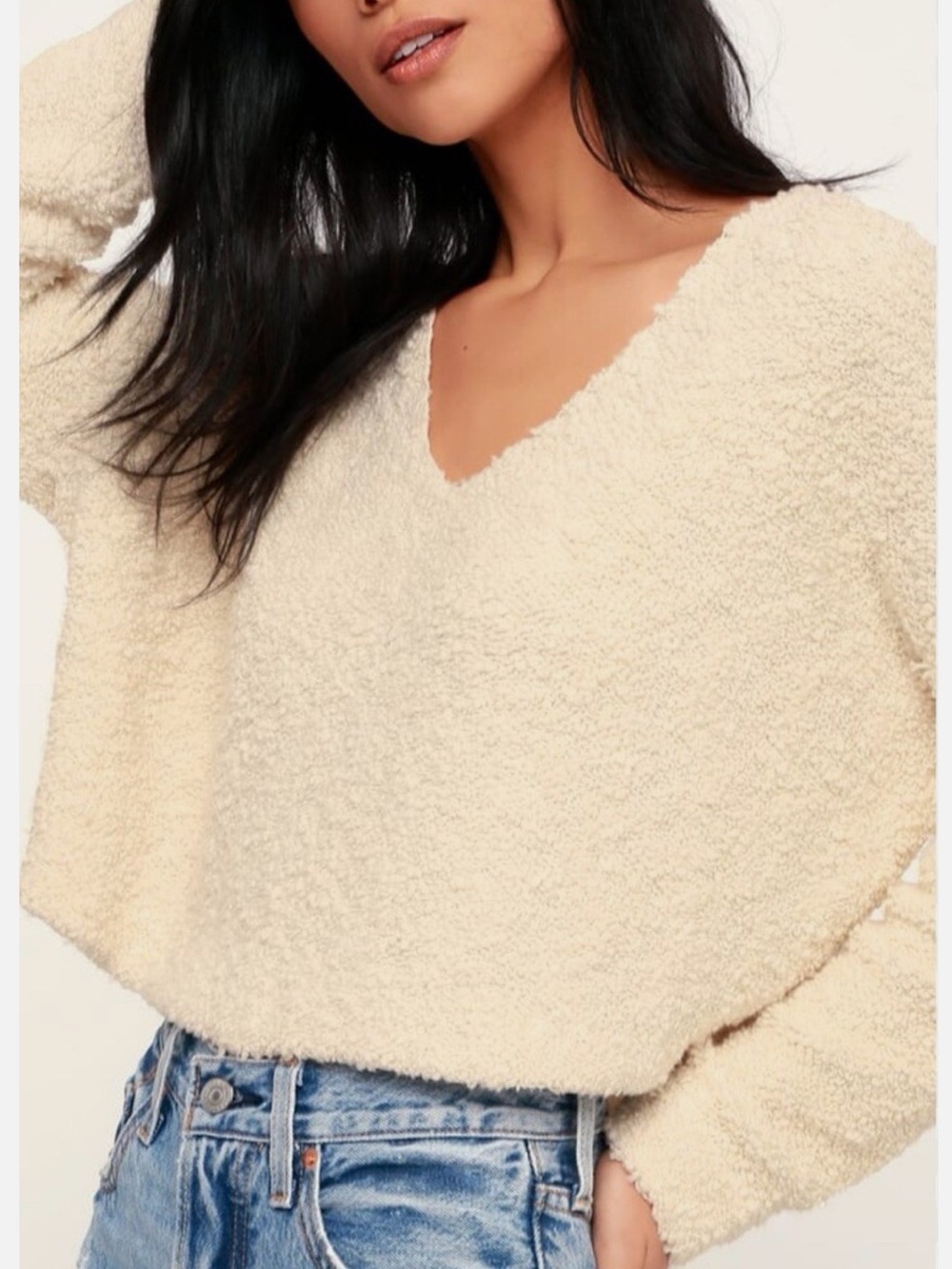 Free People Popcorn Pullover V-neck Sweater in Ivory Cream Size Small